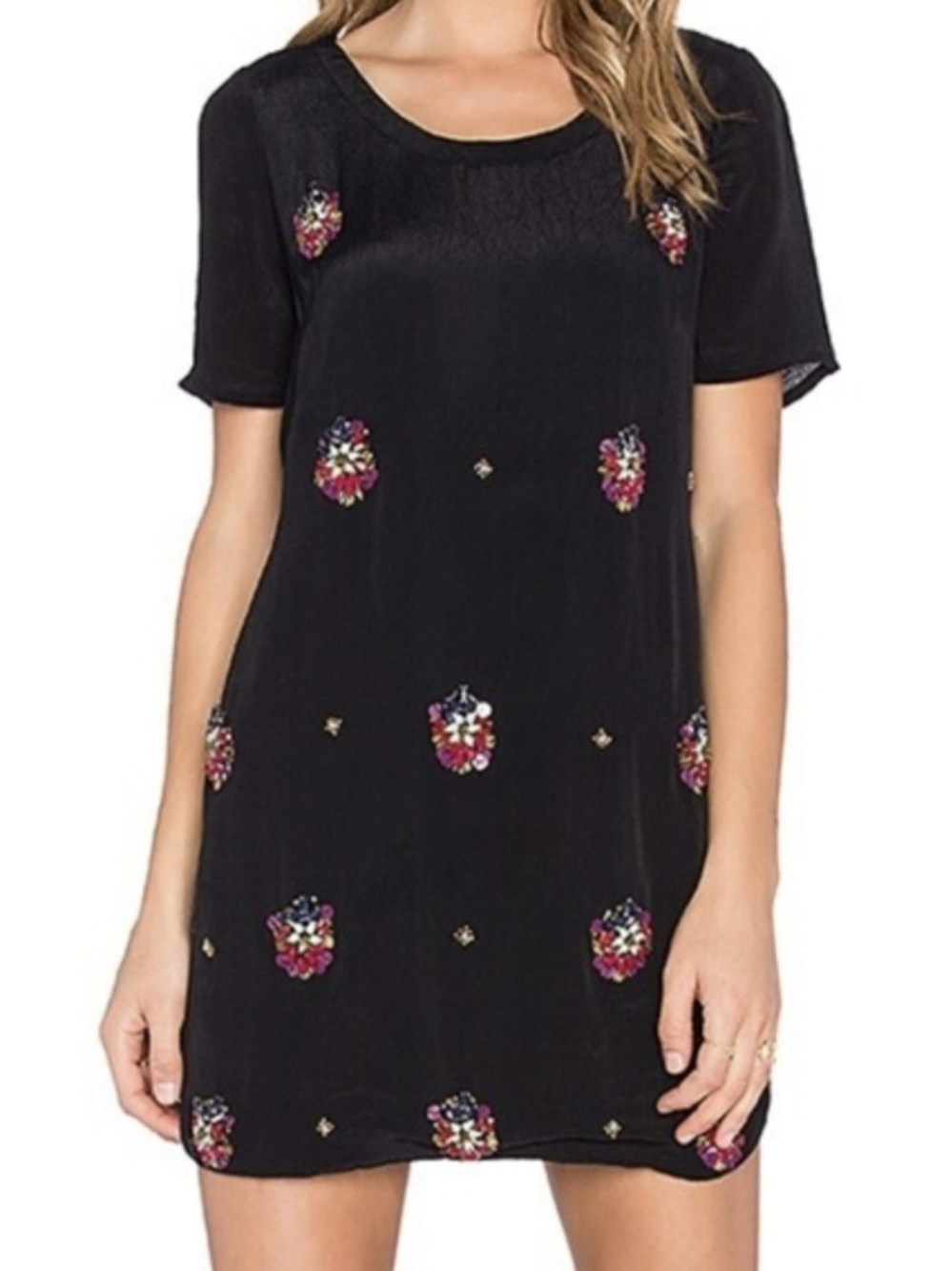 Lovers + Friends Black Mini Dress with Multicolor Floral Embroidery